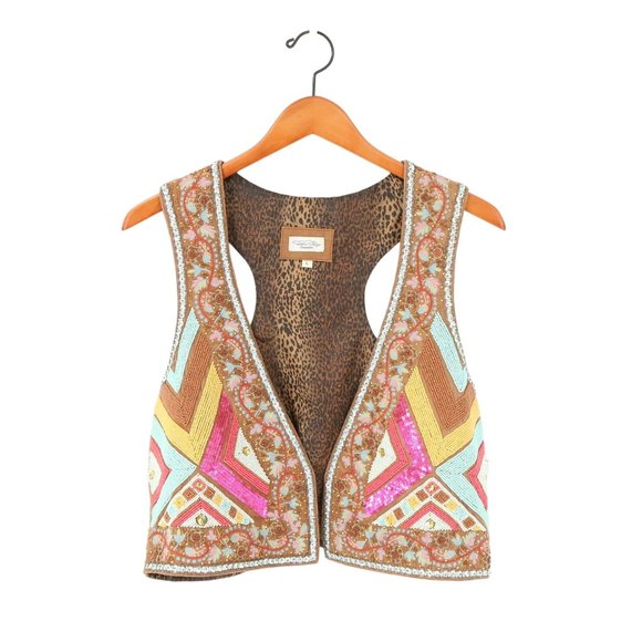 New Tasha Polizzi Heavily Beaded Floral Embroidered Brown Leather Western Vest L - Picture 2 of 15